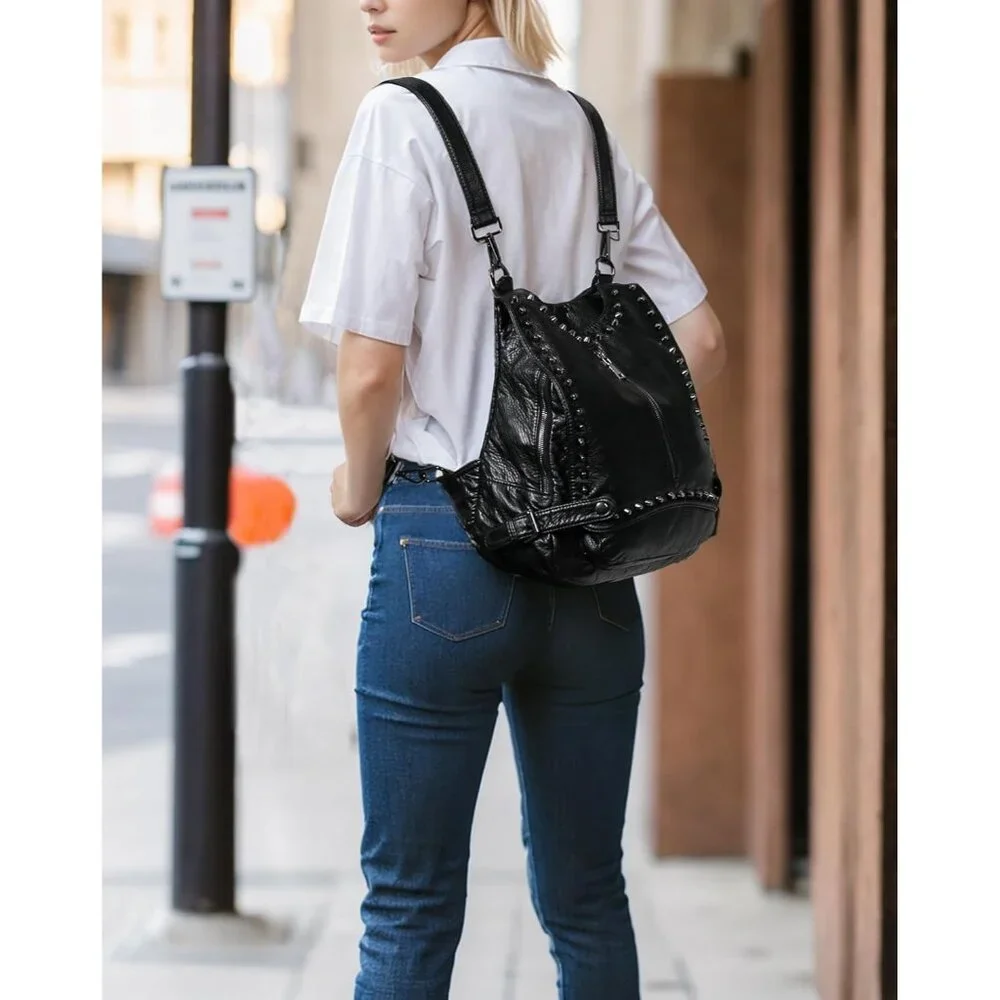 Women Black PU Leather Rivet Studded Convertible Backpack Purse